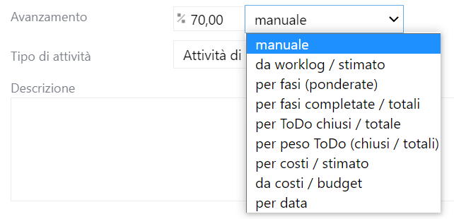selezione della modalità di calcolo dell'avanzamento di progetto