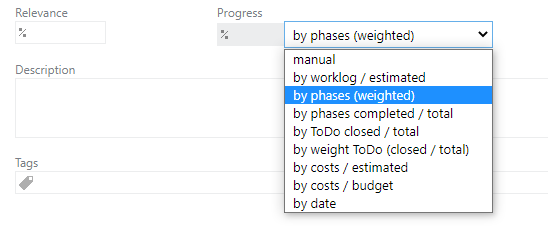 selection calculation type for project progress 