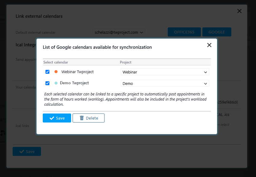 Association of calendars to projects
