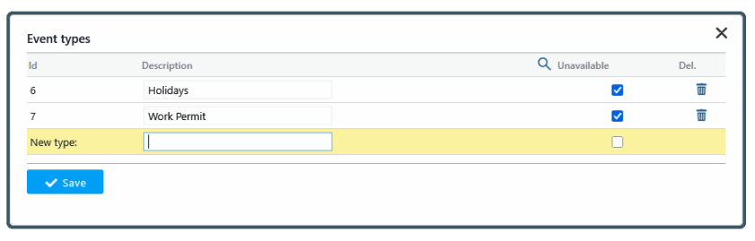 event types for working activities